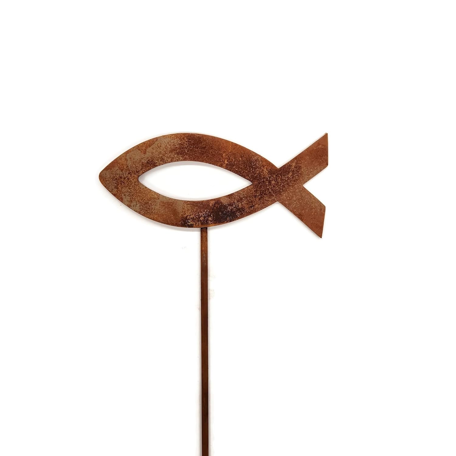 Christian Jesus Fish Metal Steel Garden Landscape Stake 20 to 33 Inches Tall (Flat Jesus Fish 20 Tall Including Stake, Naturally Rusted)