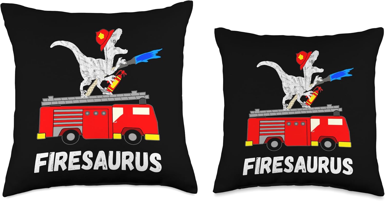 Fire Fighter Saurus Firetruck Fireman Dinosaur T-Rex Throw Pillow