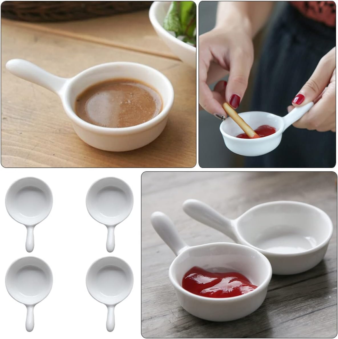4pcs Ceramic Sauce Cups Handles Dipping Dishes for Condiments and Appetizers Easy to Clean Space-saving Storage for Home and Restaurant