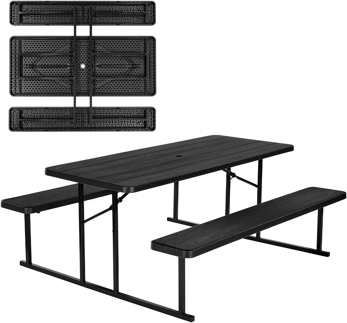 VEVOR Foldable Picnic Table, 6 FT Folding Picnic Tables with Benches, Steel Outdoor Bench Set with Umbrella Hole, Large Outside Dining Table for Patio Garden Yard Poolside (Black)