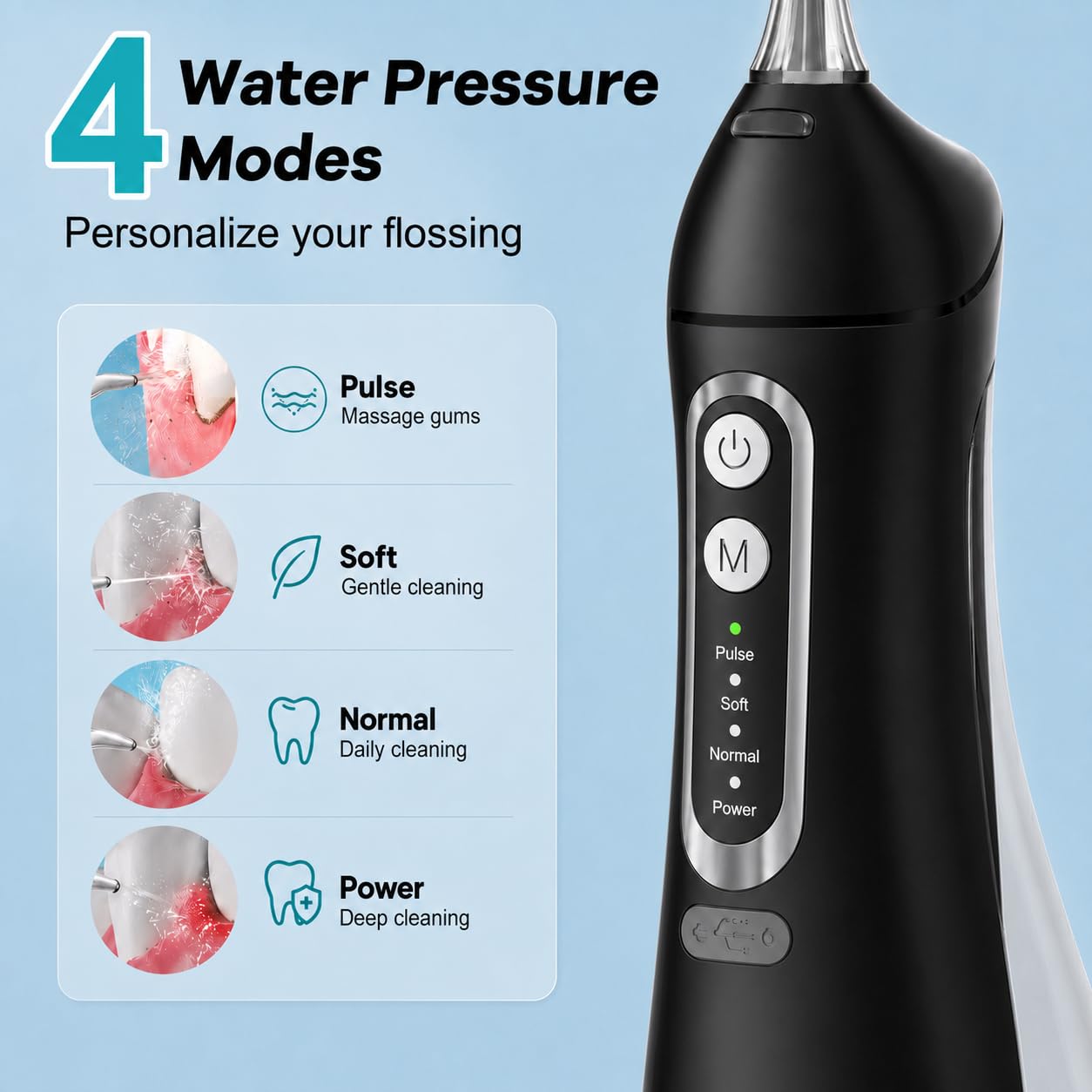 Idropulsore per denti, ricaricabile con serbatoio d'acqua da 310 ml, batteria da 1500 mAh, rimozione placca, 4 modalità, impermeabile IPX7, filo interdentale per parentesi graffe e gengive sensibili