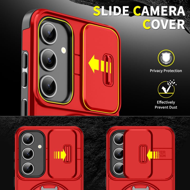 Image of LuxuryKase Shockproof Rugged Case for Samsung Galaxy S24 | Slide Camera Cover | 360 Rotating Ring Kickstand | Military-Grade Protection - Cherry Red