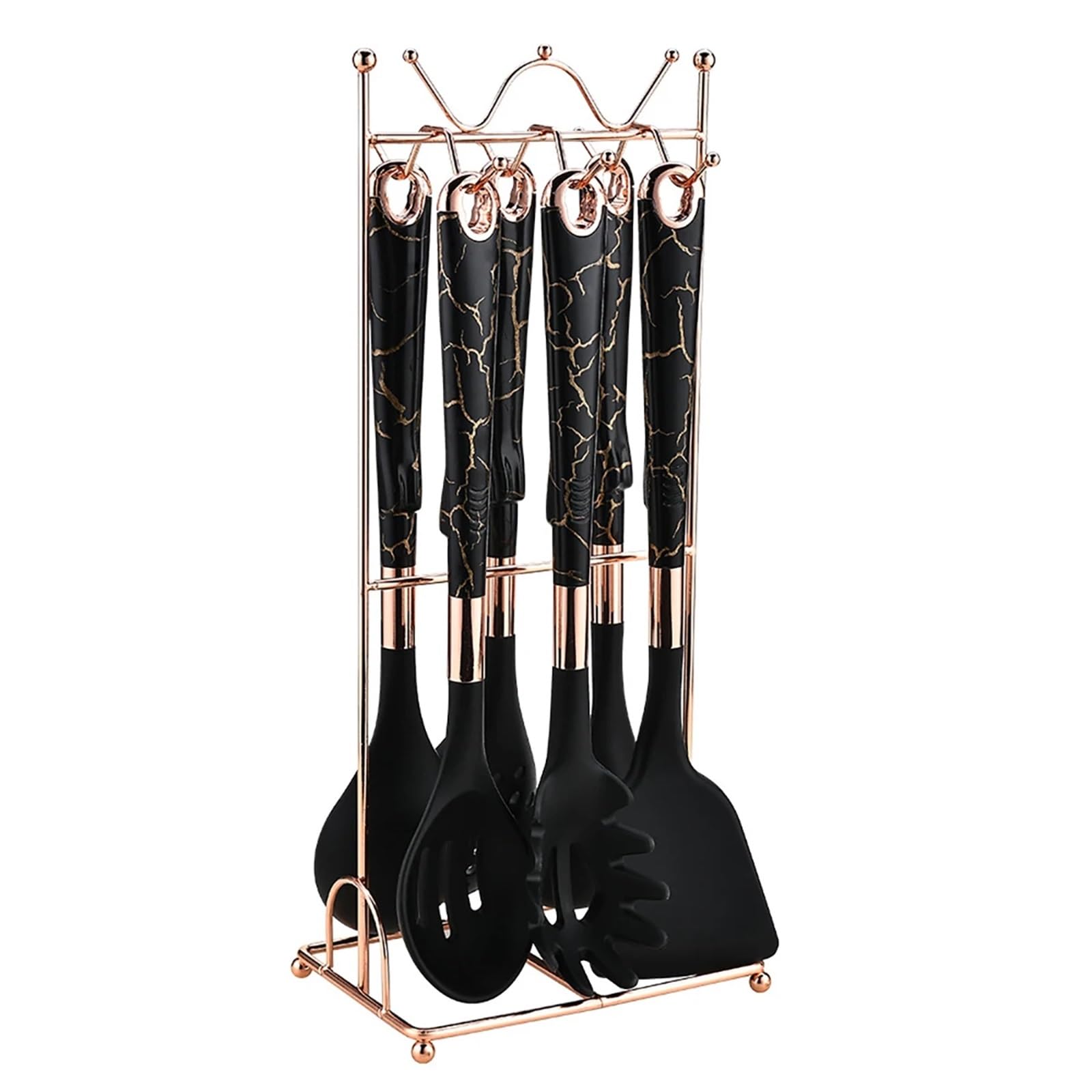 Silikon Küchenhelfer Set 8-teiliges Silikon-Küchengeschirr-Set, Topf, Schaufel, Suppenlöffel, Spaghetti-Klaue, Kochen mit Aufbewahrungsregal(Black A)
