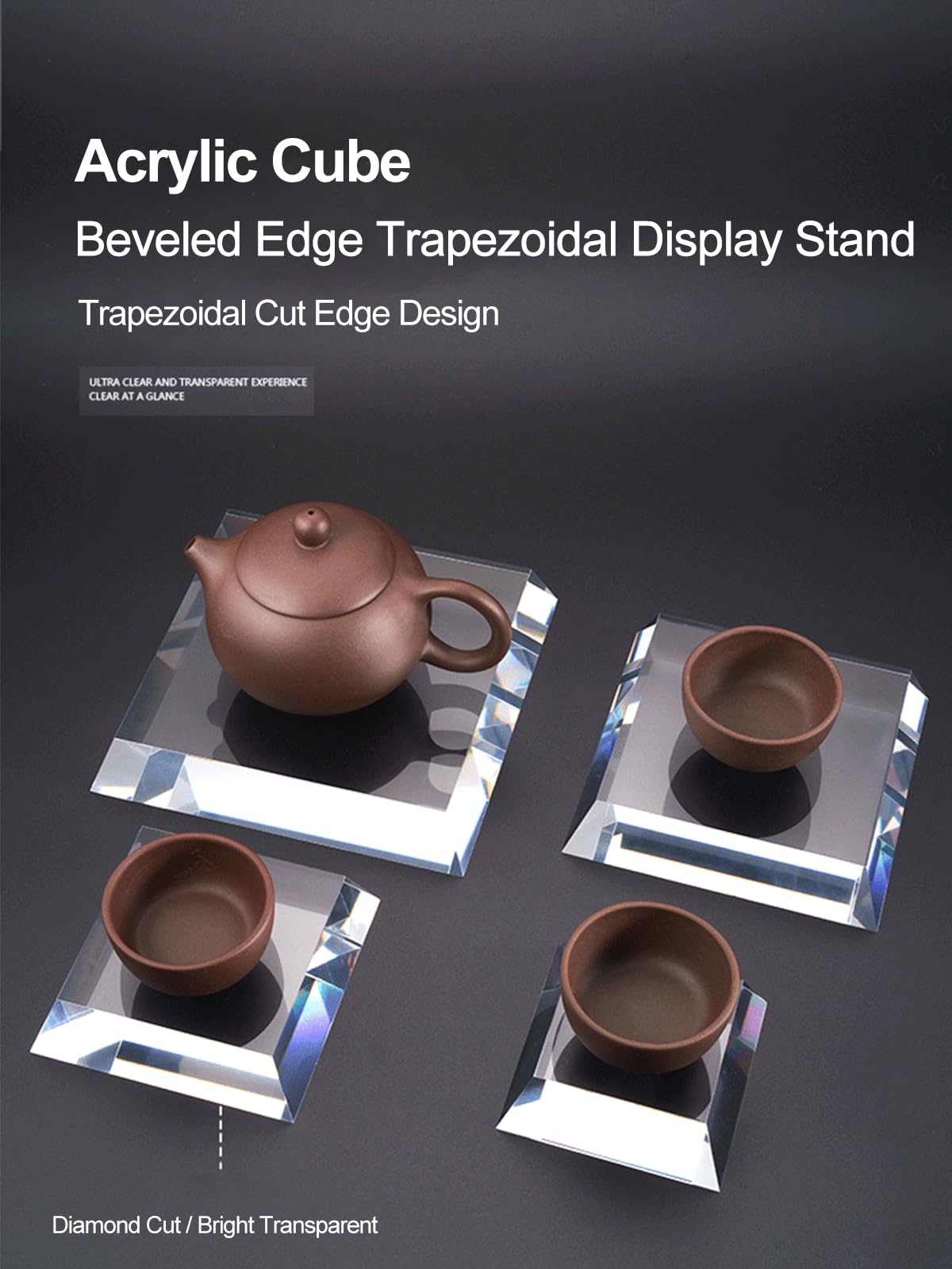 Espositore in Acrilico con Blocco Trapezoidale Smussato, Base Trasparente, Alzate Trasparenti, Cubo Solido, Spessore 2,5cm per Negozio, Galleria, Ufficio,20x20