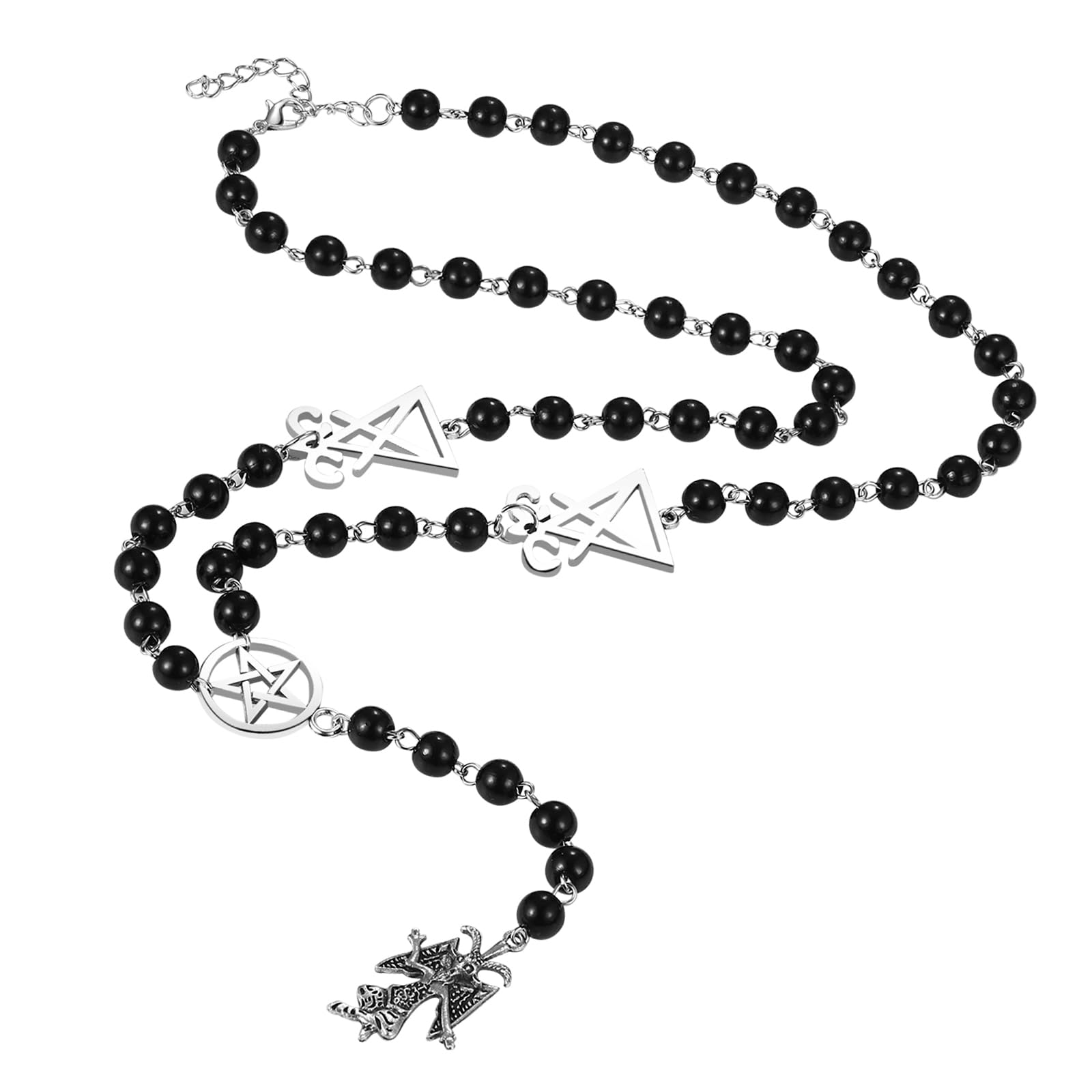Collana da Uomo Donna con Rosario Religioso Satana Perline Nere Simbolo Caprone di Mendes