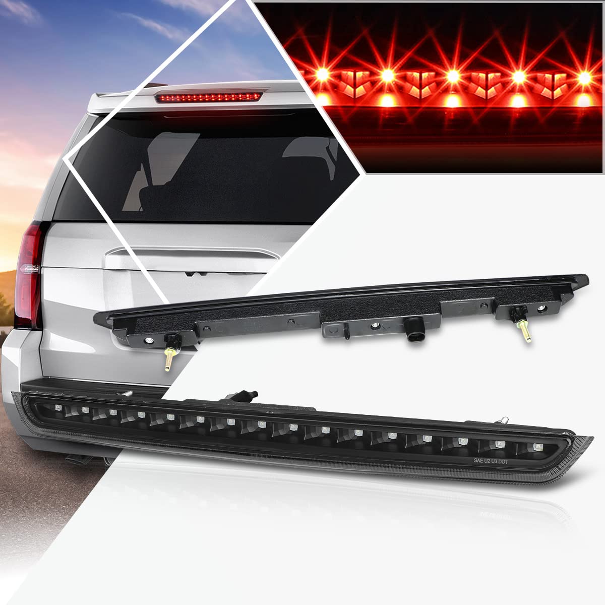 PM PERFORMOTOR LED 3rd Third Brake Light High Mount Stop Light Compatible with 07-14 Suburban Tahoe/Yukon XL,Black/Smoked