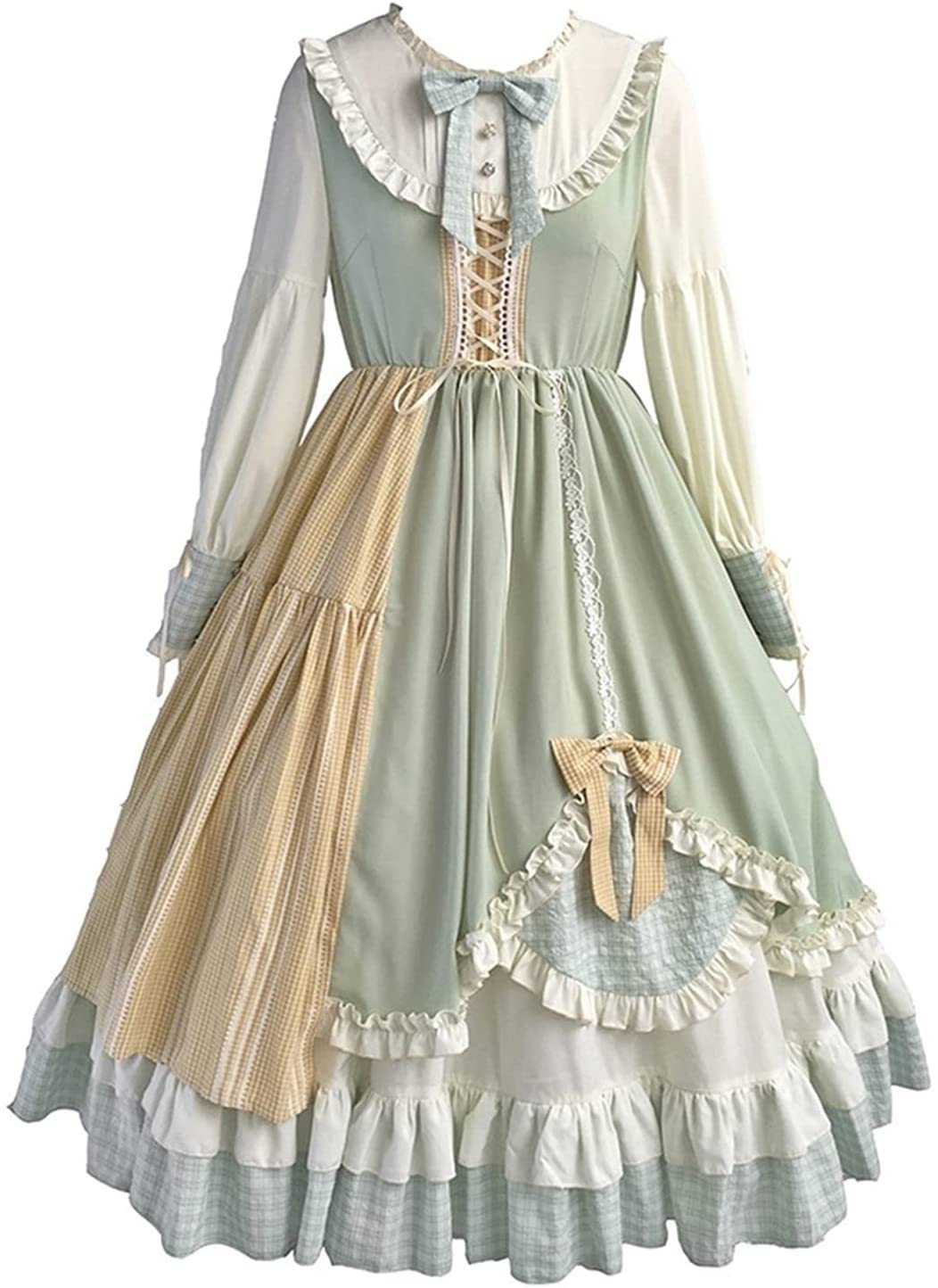 Robe Lolita verte à carreaux avec dentelle vintage et grands nœuds cosplay