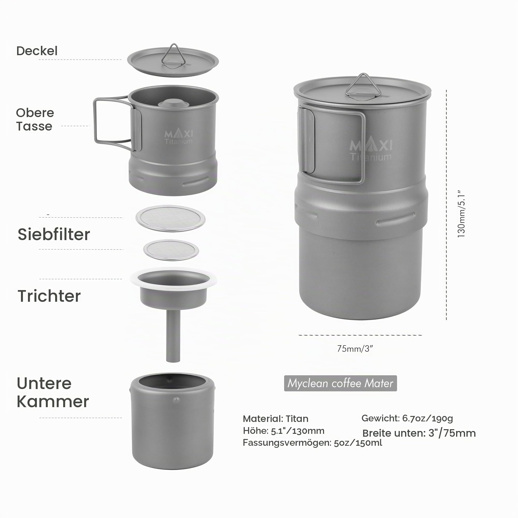 Maxi Camping Kaffeekocher Titan Moka Topf Kaffee French Press Camping Kaffeemaschinen für Outdoor Reisen Picknick Wandern Garten Lagerfeuer, 5oz jedes Gebräu, ACM-01, Gray