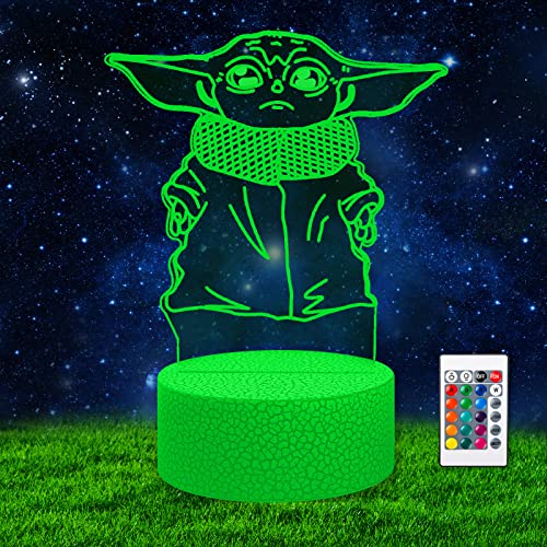 Luz Nocturna Infantil para Star Wars, 3D Ilusión Anime Lampara para Baby Yoda, 16 Colores Luz de Noche para Niños Regulable con Mando a Distancia, Regalo de Cumpleaños de Navidad para Niños Niñas