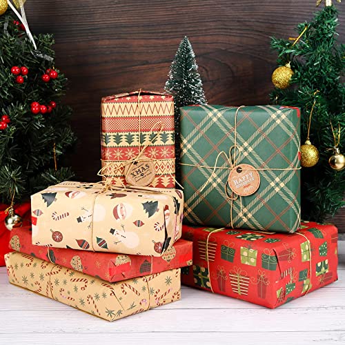 12 Sheets 20x28 Inch Christmas Wrapping Paper Kraft Gift Wrapping Paper with Jute String for Christmas, Wedding, Birthday, DIY Crafts, Bridal Showers (6 Styles)