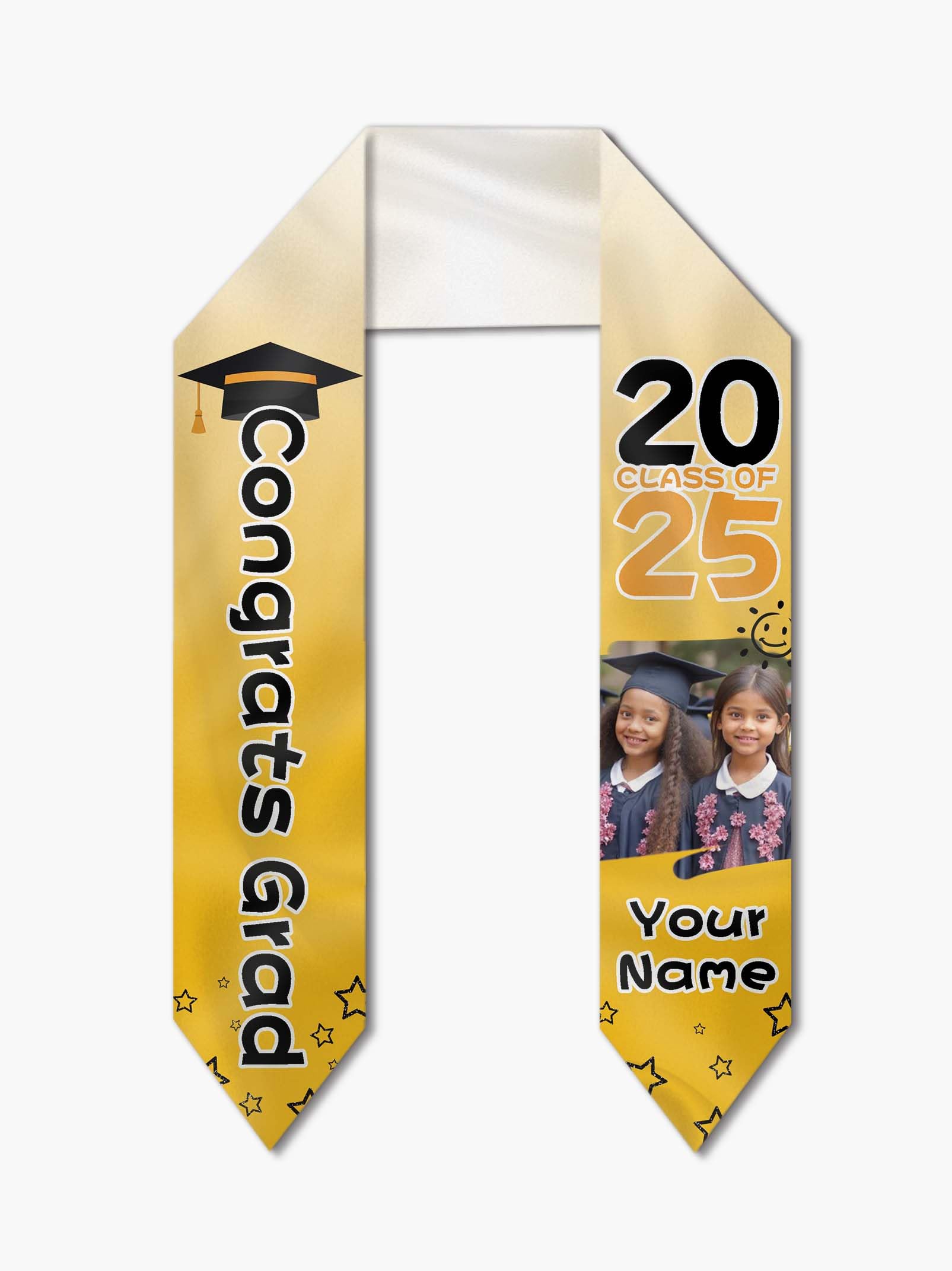 AUBAO Personalized Kindergarten Graduation Stole Custom Photo Kids 2025 Preschool Graduation Sash Gifts and Keepsake (Yellow)