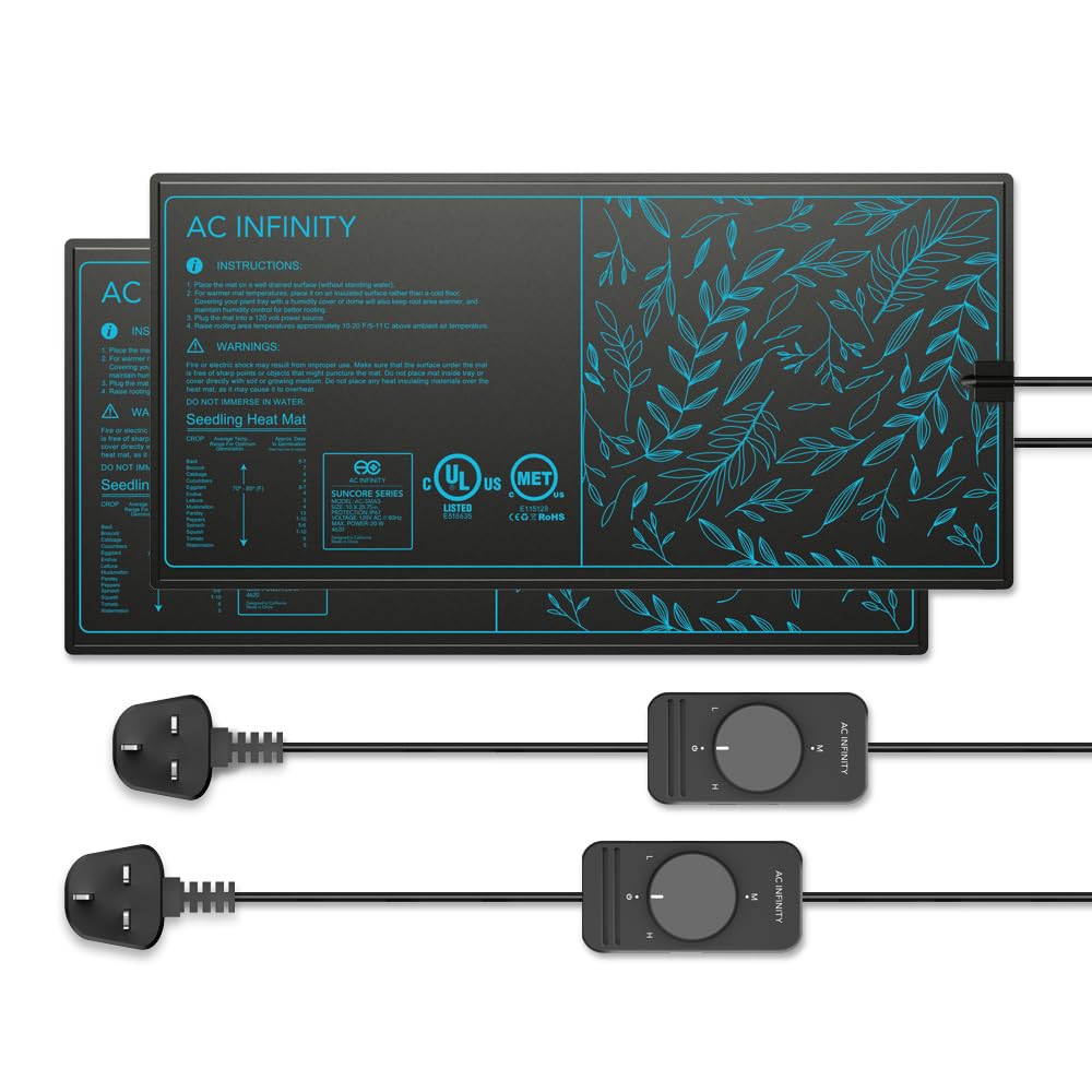 AC Infinity SUNCORE A3X2, Dual Waterproof Seedling Mat with Heat Controller 25x50cm, UL & MET Certified Heating Pad, for Indoor Gardening, Hydroponics, Germination, Cloning, 10" x 20.75"