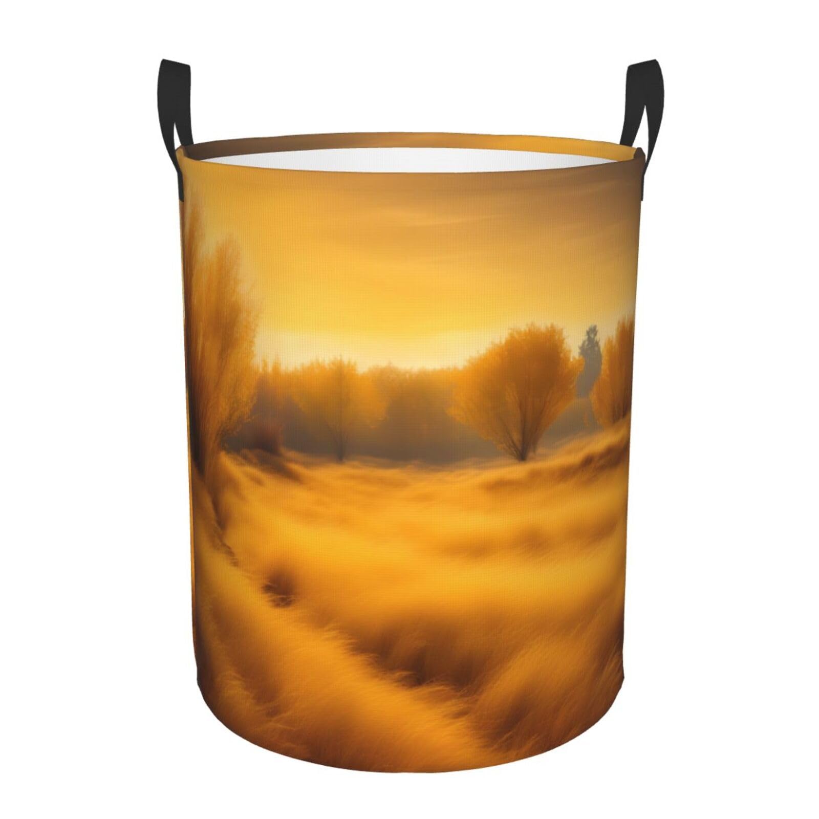 M Collapsible Laundry Hamper Round Autumn Golden Grass Landscapes Print Storage