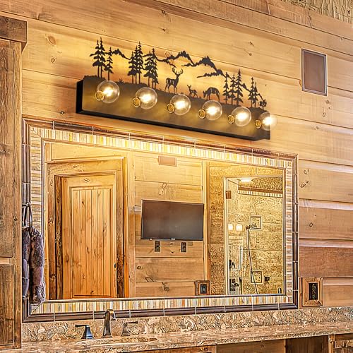 Image of TOCHIC Rustic Bathroom Vanity Light, 6-Light Black Vintage Farmhouse Bathroom Light Fixtures over Mirror for Makeup Shaving, Dimmable Western Deer Wall Sconce for Powder Room, Cabinets, Bedroom, 36 inch L
