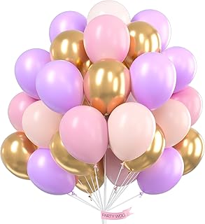 PartyWoo Purple Pink Gold Balloons, 60 pcs 12 Inch Purple Balloons, Light Pink Balloons, Gold Metallic Balloons and Pink Balloons, Purple Pink Balloons for Princess Birthday Party, Purple Baby Shower
