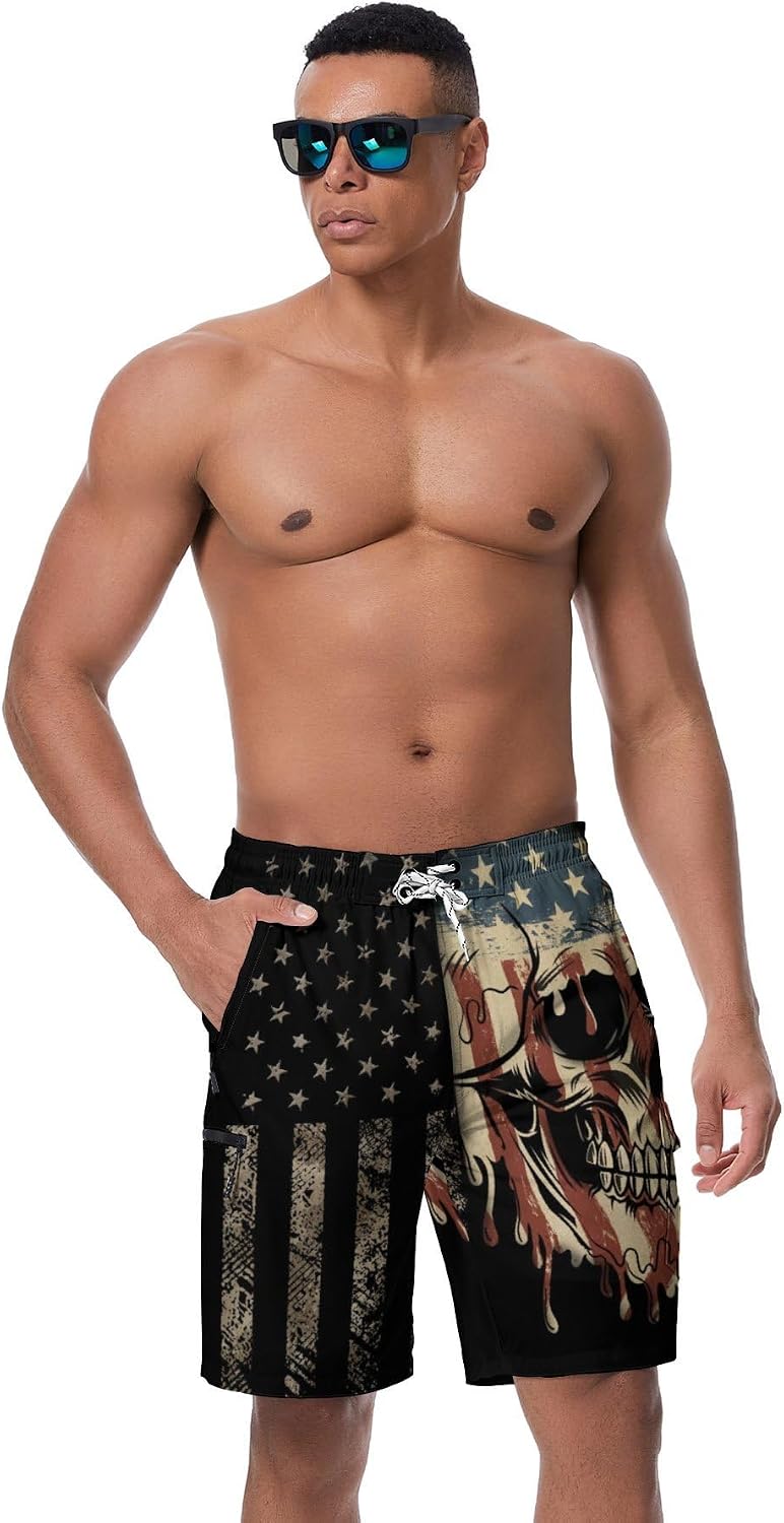Mens Swim Trunks with Compression Liner 9 Inch Swim Shorts Bathing Suits Quick Dry Hiking Cargo Shorts with Zipper Pocket