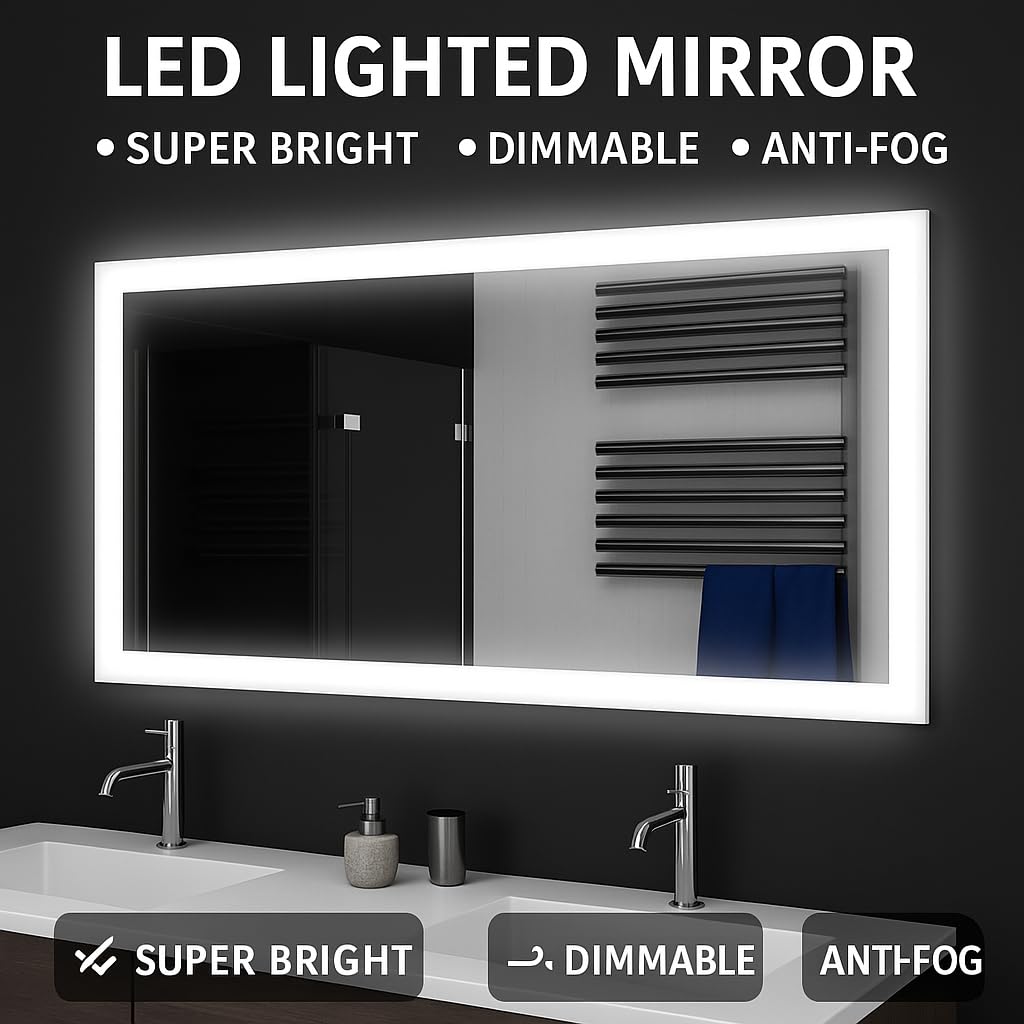 SARAR Badspiegel Spiegel Badezimmerspiegel mit rundum LED-Beleuchtung 80x70 cm Made in Germany eckiger Wandspiegel Mirror Spiegel Bad mit Licht auf Maß Sete