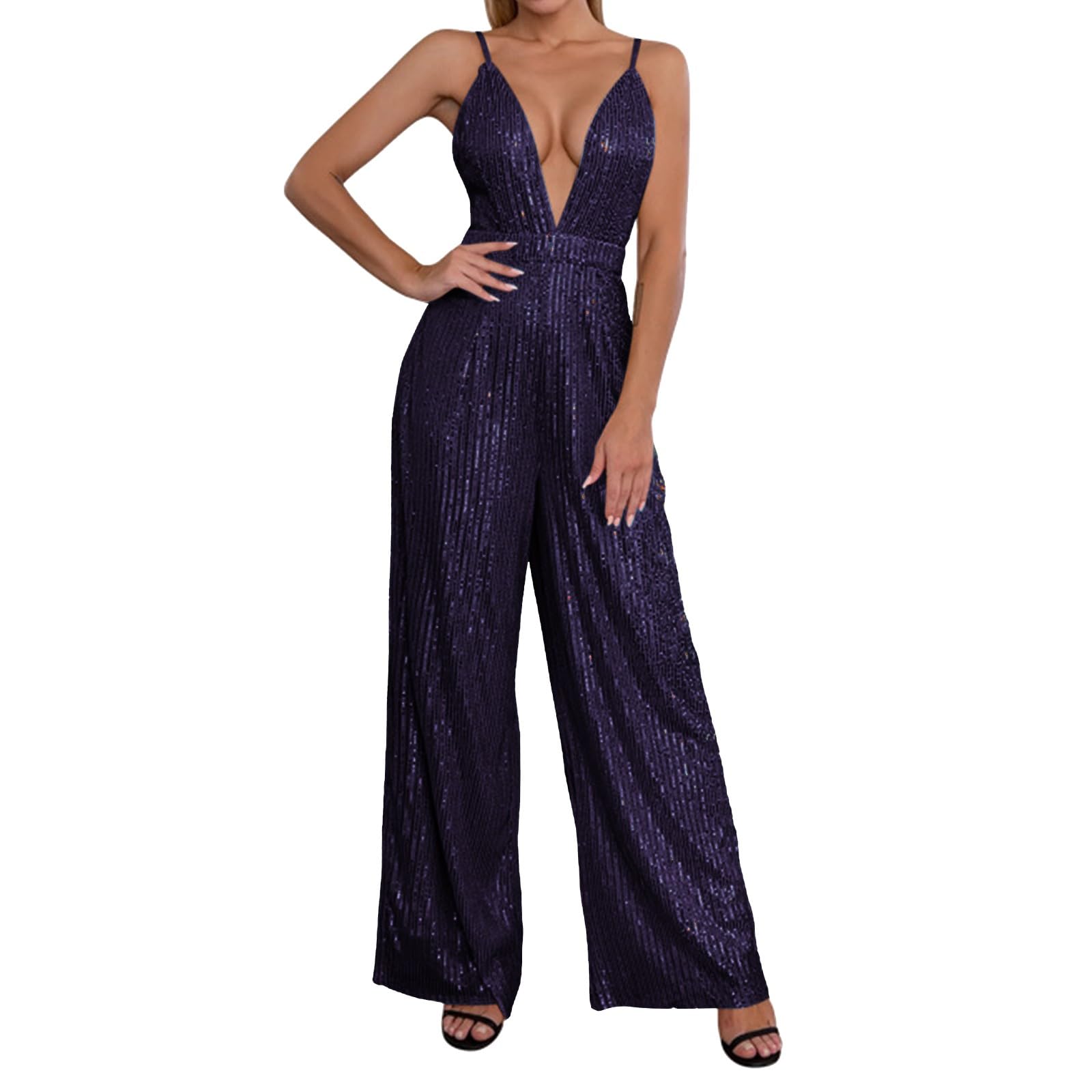 Generisch Tuta da donna per feste, elegante, rossa, con brillantini, elegante, senza maniche, con scollo a V, senza spalline, con paillettes, pantaloni a zampa, per Carnevale.