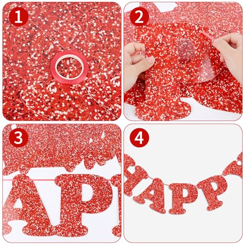 Image of Red Happy Birthday Banner Happy Birthday Bunting Garland Sign for Boys Girls Women Birthday Party Decorations Wall Hanging Background Decor Supplies