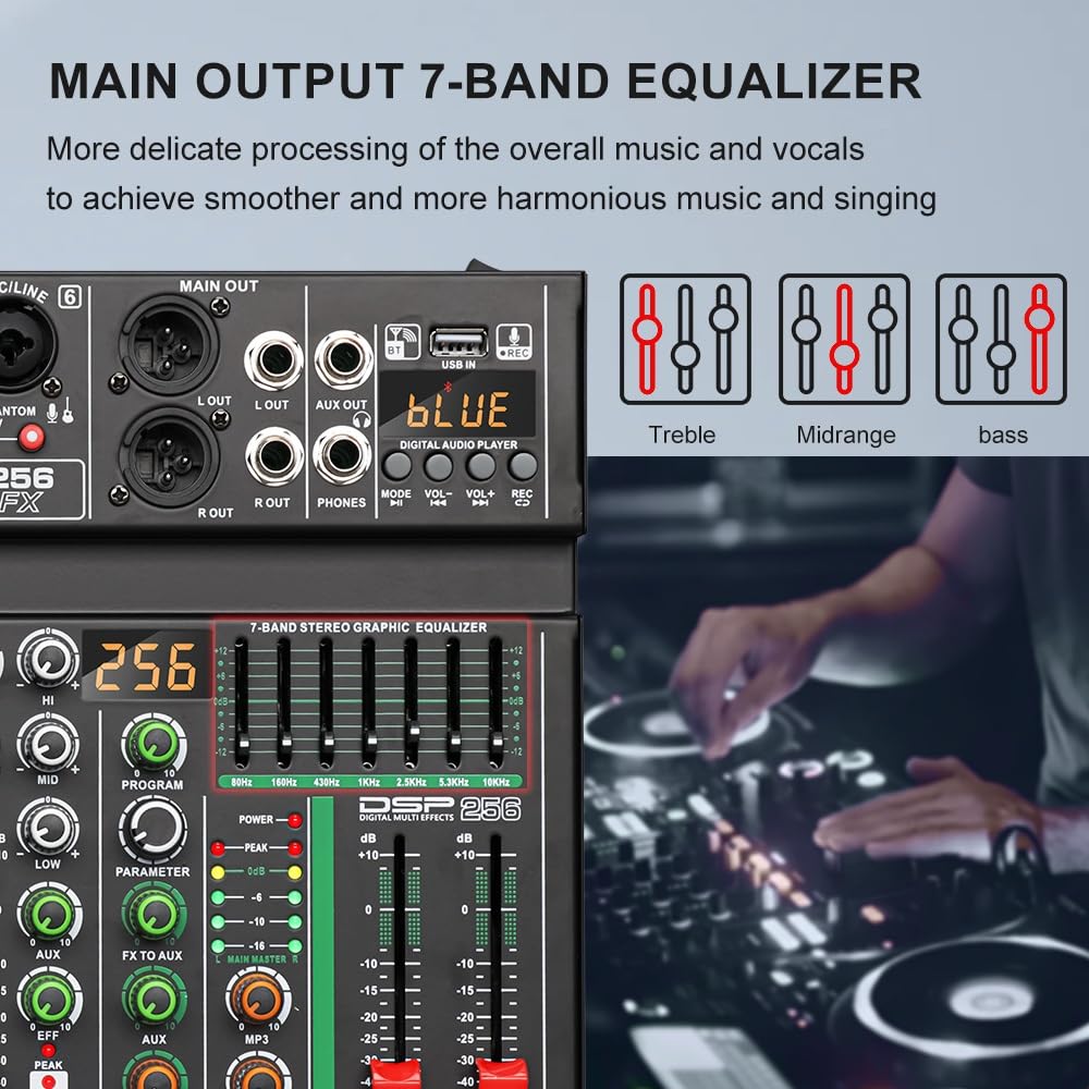 Mezclador de audio, Mezclador de efectos DSP de 6 canales, 256, grabación de PC, alimentación fantasma de 48V, mezcladores de sonido USB, Bluetooth Para karaoke, estudio, streaming y grabación