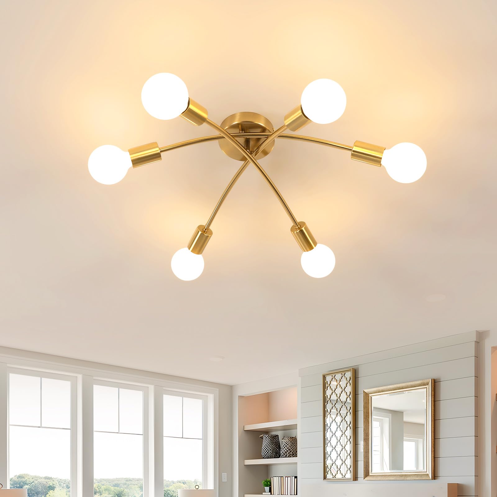 Gold Sputnik Ceiling Light Fixture Modern 6-Light Sputnik Chandelier with 350 Rotatable Arms E26 Bulb Compatible for Living