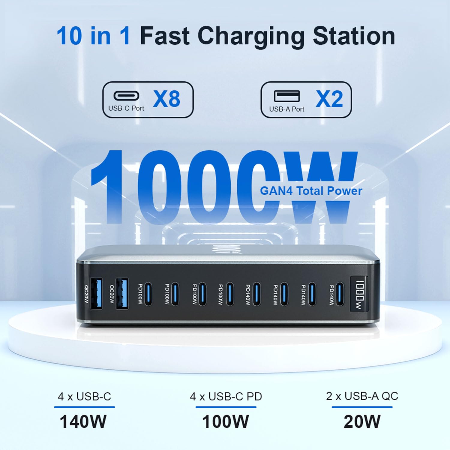 keepdrum GaN10 - Stazione di ricarica rapida USB, 10 porte, 1000 Watt