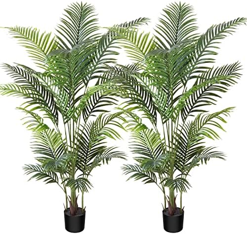 Ferrgoal Artificial Palm Tree, 6FT Fake Areca Palm Plant with 20 Trunks Potted Faux Tree Tropical Décor Tall Fake Plants for Home Indoor Entryway Office Living Room 2Pack