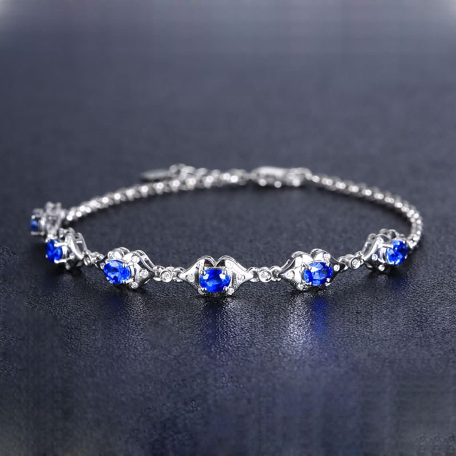 Pulsera Mujer de Oro Blanco 9 Kilates / 14 Kilates / 18 Kilates, Oval con Zafiro Creado de 1,79 ct y Moissanita, Cadena Extensible 16 CM + 5 CM, Pulsera Mujer de Plata Azul