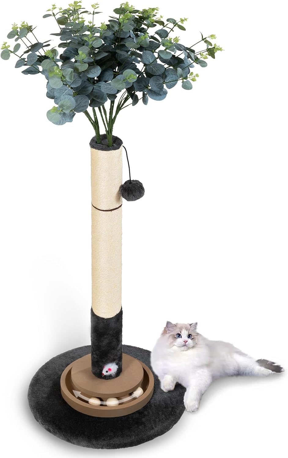 Cat Scratching Post, 35 Inch Tall Cat Scratcher Cat Tree Tower with Hanging Ball for Indoor Cats Adults,Eucalyptus Sisal Rope Kitten Scratch with Interactive Mouse Cat Toy