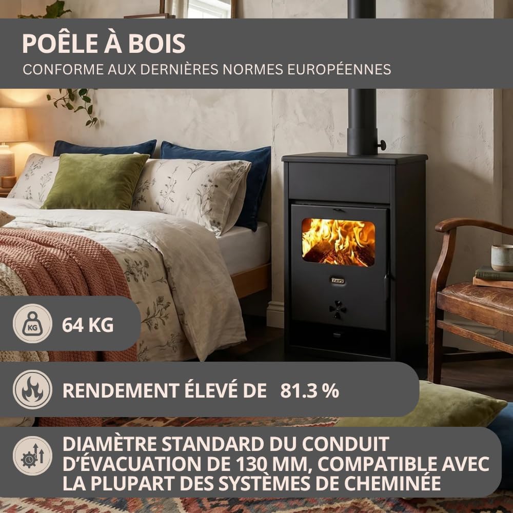 Prity KD Poêle à bois 9,3 kW Classe d'efficacité énergétique A+ Tube de fumée Ø 130 mm Chauffage très efficace