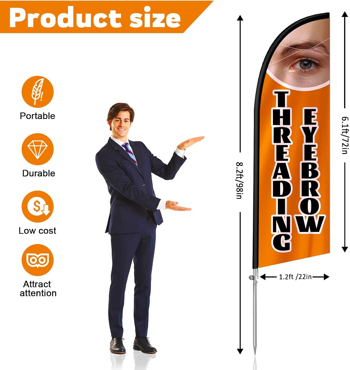 Eyebrow Threading Flag for Business, Eyebrow Threading Signs, 8FT Polyester Advertising Swooper Flag with Aluminium Alloy Flag Pole Kit, Stainless Steel, Ground Spike, Portable Bag