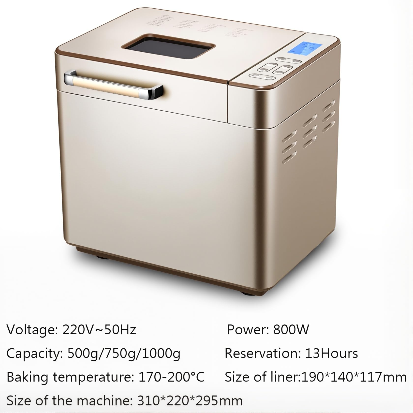 Genérico Panificadora Automática con 24 Programas, 220V, 800W, Capacidad 500g/750g/1000g, Pantalla LCD, Temporizador 13 Horas, 310x220x295mm