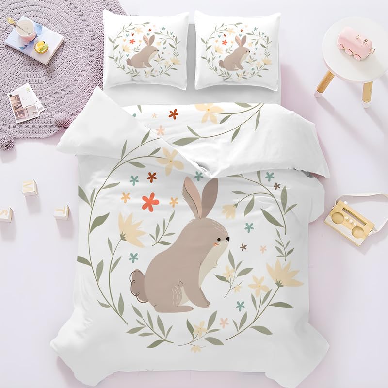 Linge de lit 220x240 lapin gris comprenant une housse de couette zippée et deux taies 65x65