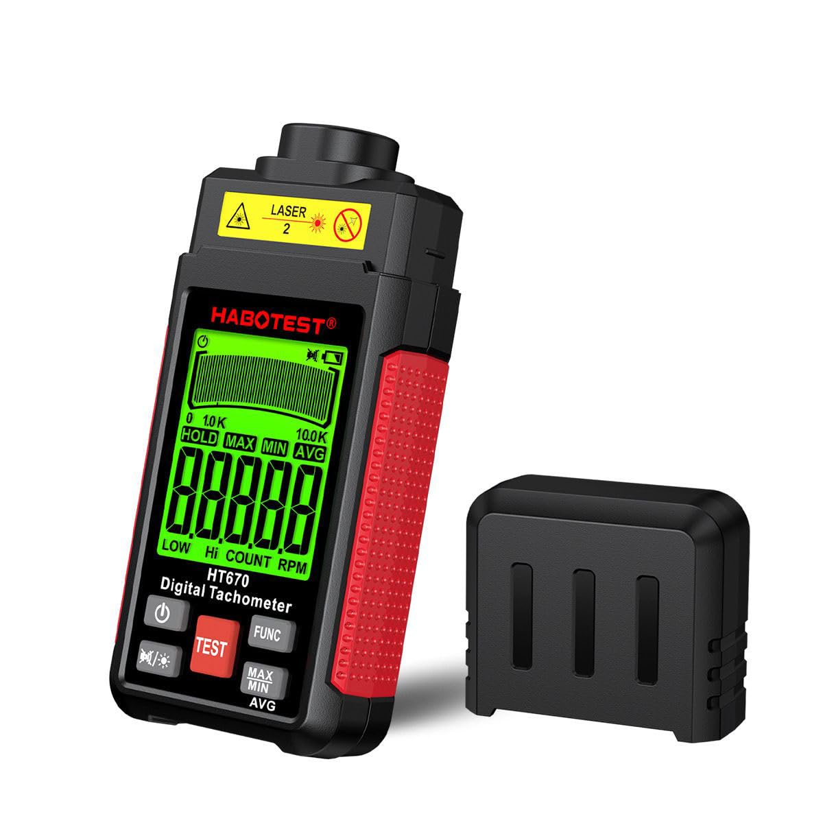 HT670 Digitaler Laser-Drehzahlmesser, berührungsloser Drehzahlmesser 2,5–99999 U/min mit LCD-Hintergrundbeleuchtung für die Messung der Motordrehzahl