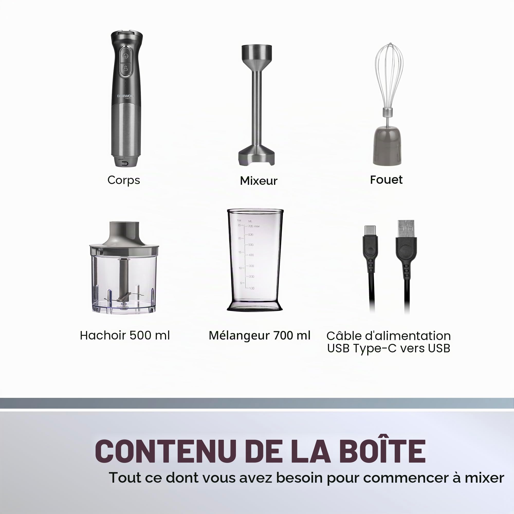 Daewoo Freedom Mixeur portatif sans fil 3 en 1 avec fouet et mini hachoir avec pot inclus, charge rapide, indicateurs de batterie, moteur puissant, design élégant en aluminium brossé, portable