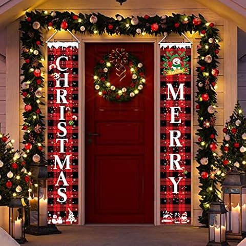 Christmas Porch Sign Red Black Buffalo Plaid Xmas Decorations Banners Winter Merry Christmas Hanging Decorations for Home Wall Indoor Outdoor Front Door Decor 12 x 72 Inch (Buffalo Plaid) Cover
