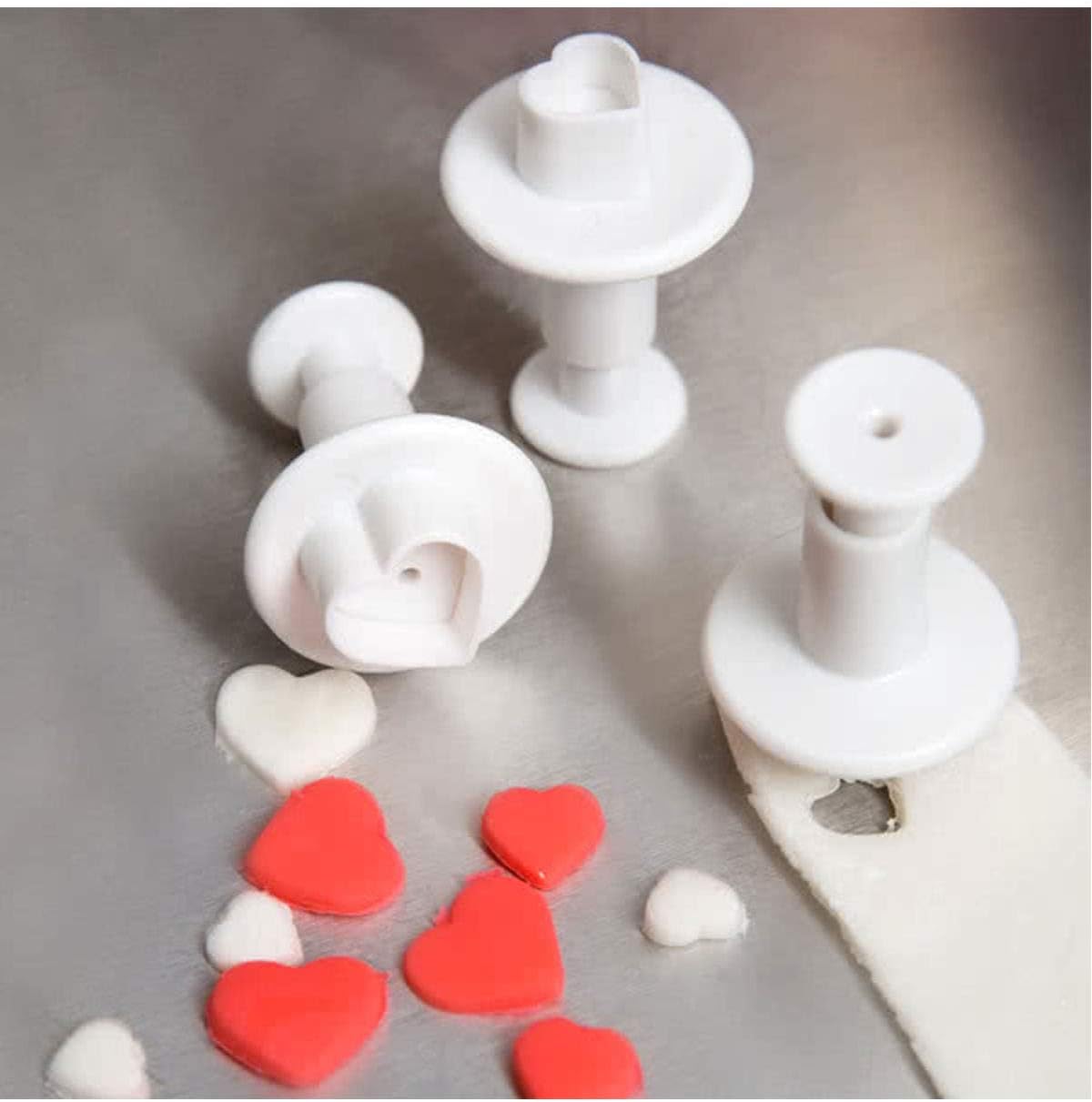 Cake Decor™ 3-Piece Impression Pop-Out Plunger Cutters, Button, 3 Heart Shapes, Fondant, Cookie, Sugarcraft & Baking Tools - 3 PCS