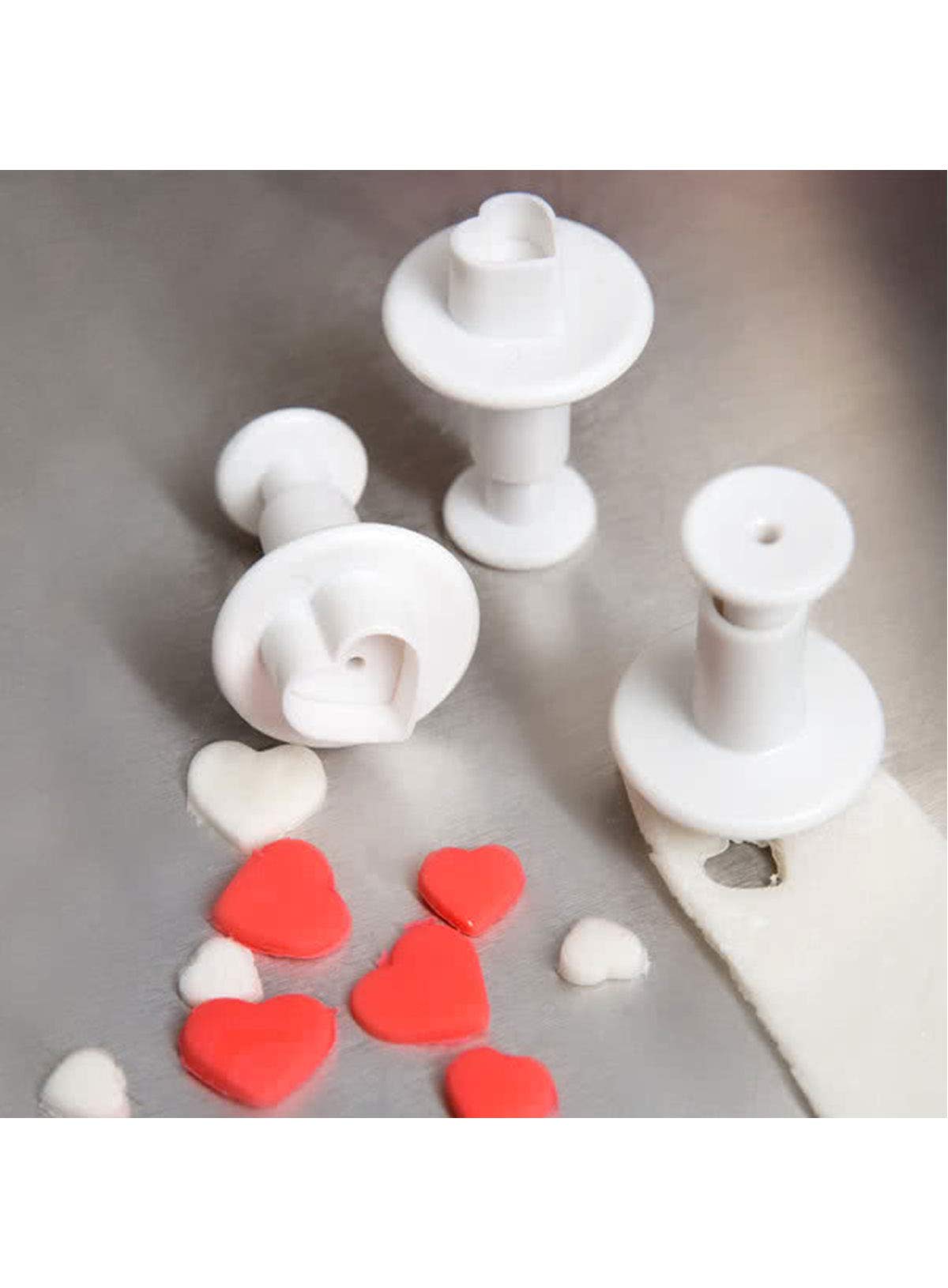 Cake Decor™ 3-Piece Impression Pop-Out Plunger Cutters, Button, 3 Heart Shapes, Fondant, Cookie, Sugarcraft & Baking Tools - 3 PCS