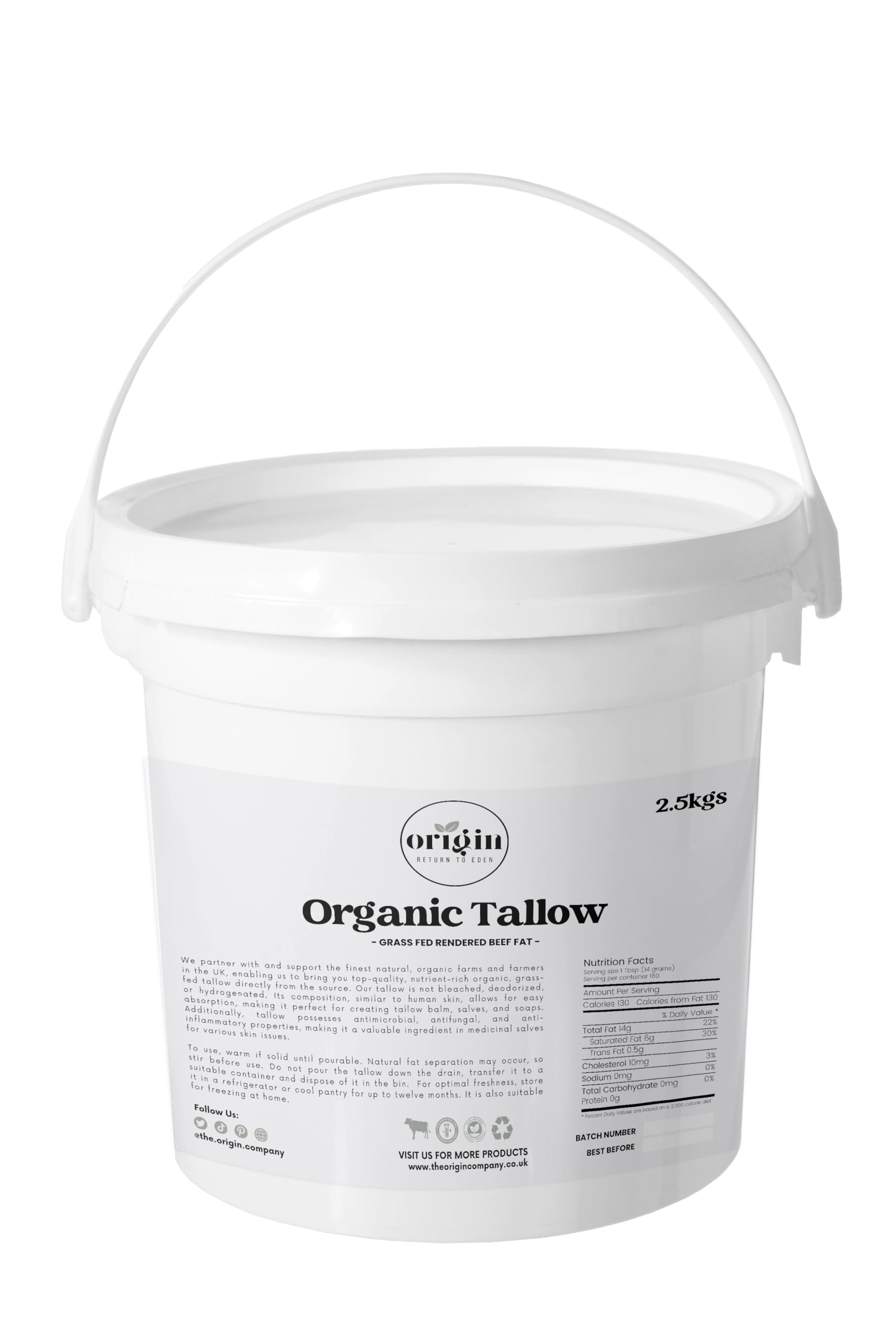 Origin Organic Grassfed Beef Tallow | Certified Premium Quality | Beef Fat Drippings | Food & Skin Grade | Multiple Uses | British Farms (2.5kg)
