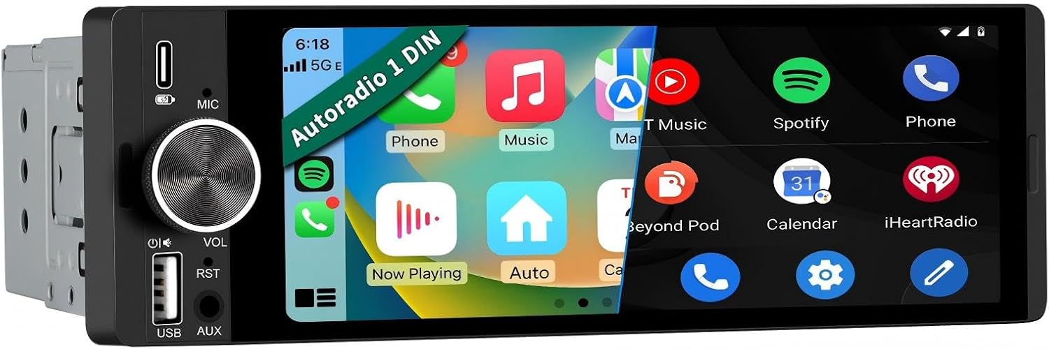 Single Din Car Stereo with CarPlay&Android Auto HD IPS Touchscreen Radio with Bluetooth 5.0, 720P BackupCamera with 6M Cable, Support USB Type-C Charging/USB/Microphone/FM/EQ/GPS/SWC