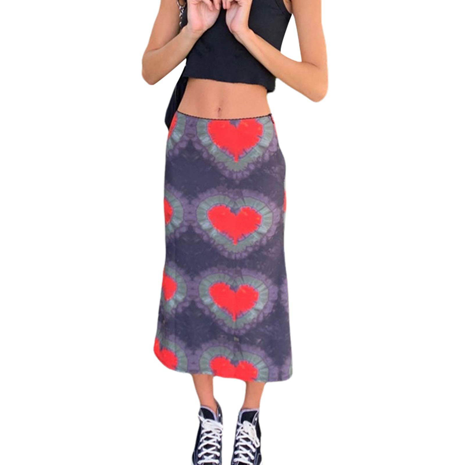 SundroWomen's Heart Print High Waisted Bohemian Midi Skirt A-Line Bodycon Long Pencil Skirt Streetwear Valentines Day Gifts