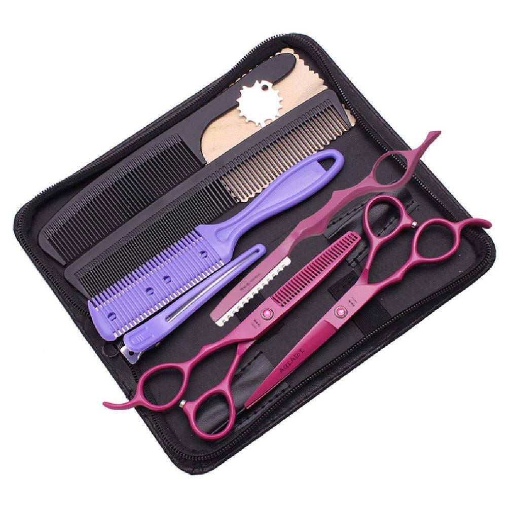 5.5 / 6.0 / 7.0 Pulgadas Conjunto De Tijeras De Peluquería Zurda, Barberos Tijeras De Corte De Cabello Profesional Tijeras De Estilo 10 PCS Kit, Luz Y Afilado, Para Hombres, Mujeres,Rosado,5.5 Inch B