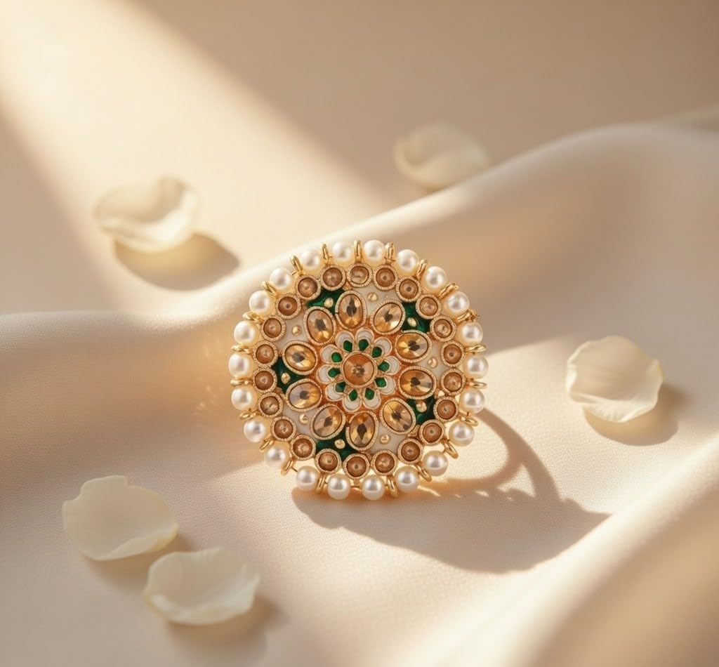 Efulgenz Indian Jewelry Rings Bollywood Rings Traditional Round Faux Pearl Crystal Kundan Adjustable Big Ring Finger Jewelry for Women