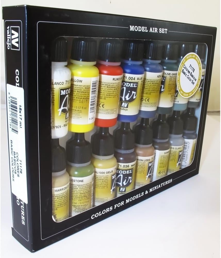 Basic Colors Acrylic 16 Airbrush Paint Set for Model Hobby Vallejo 71178