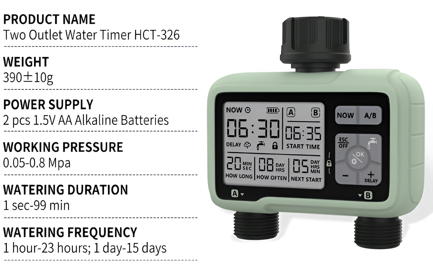 XPR3SS HCT326 Water Timer specifications including weight, power, pressure, duration, and frequency