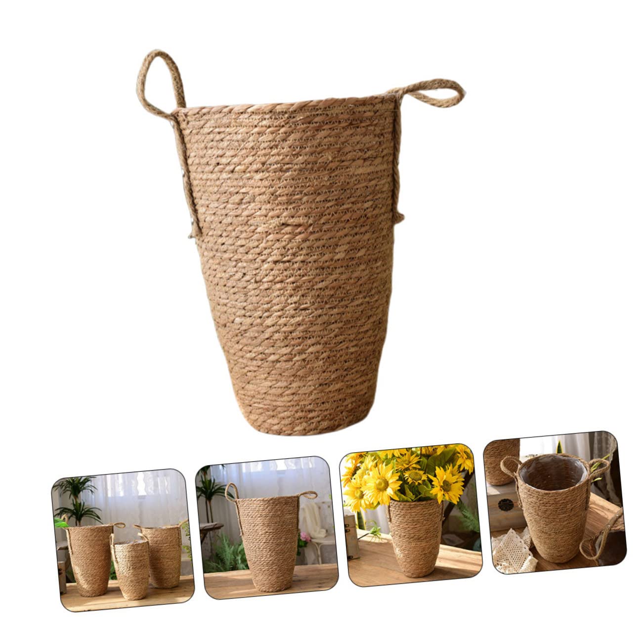 BESTonZON Cestino Intrecciato in Paglia Raffinato e Rustico, Vaso per Piante da Interno Resistente e Pratico per Balconi Coperti e Uffici