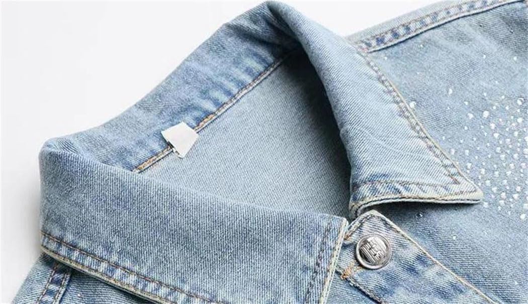 Women's Cropped Denim Jacket Rhinestone Sequin Studded Decoration Spring Autumn Casual Party Wear Sparkly Top