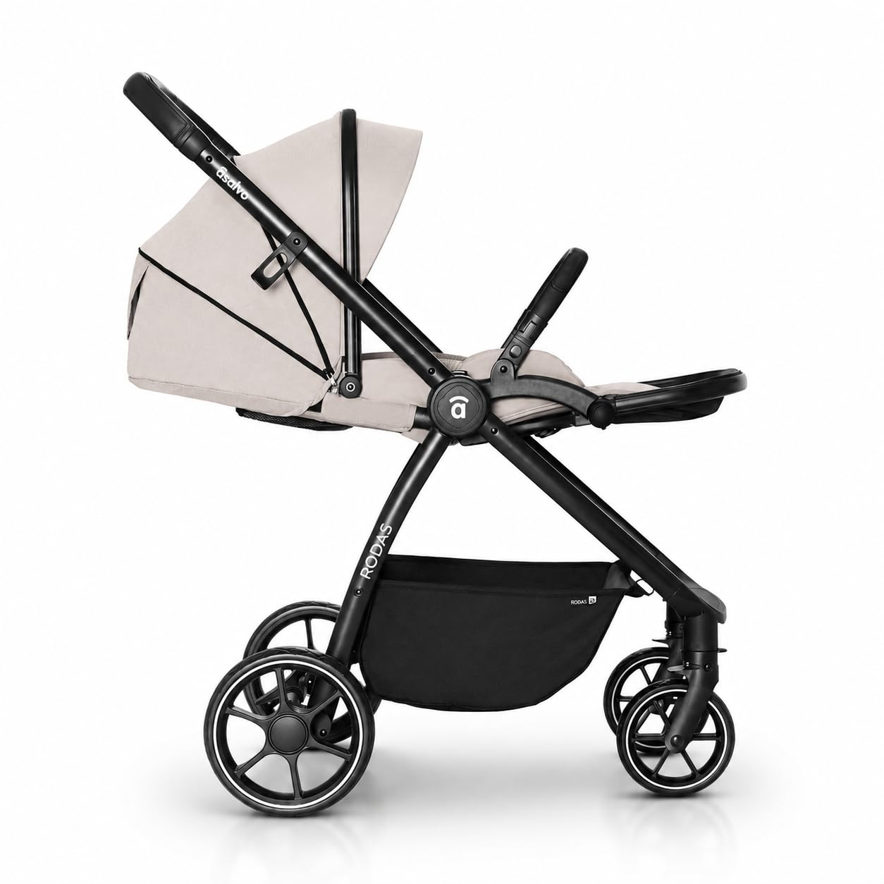 Asalvo DÚO RODAS Silla de Paseo, Carro Plegable Ultraligera y Compacta, Asa Trolley, Equipaje avión, Reclinable, Carro Bebe, Barra Seguridad, Arnés 5 Puntos, hasta 23kg, Beige