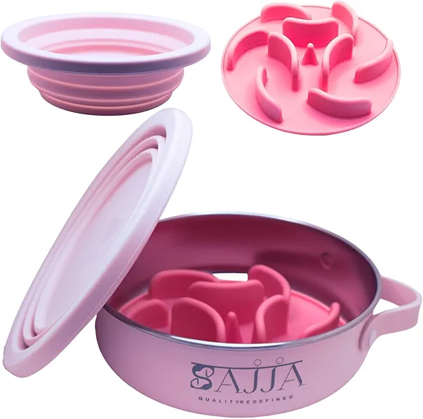 Sajja Slow Feeder Dog Bowl with Collapsible Lid & Handle – Stainless Steel, Non-Slip Rubber Base – Portable Pet Water & Food Bowl for Dogs & Cats – 30 OZ + 20 OZ – Indoor & Outdoor