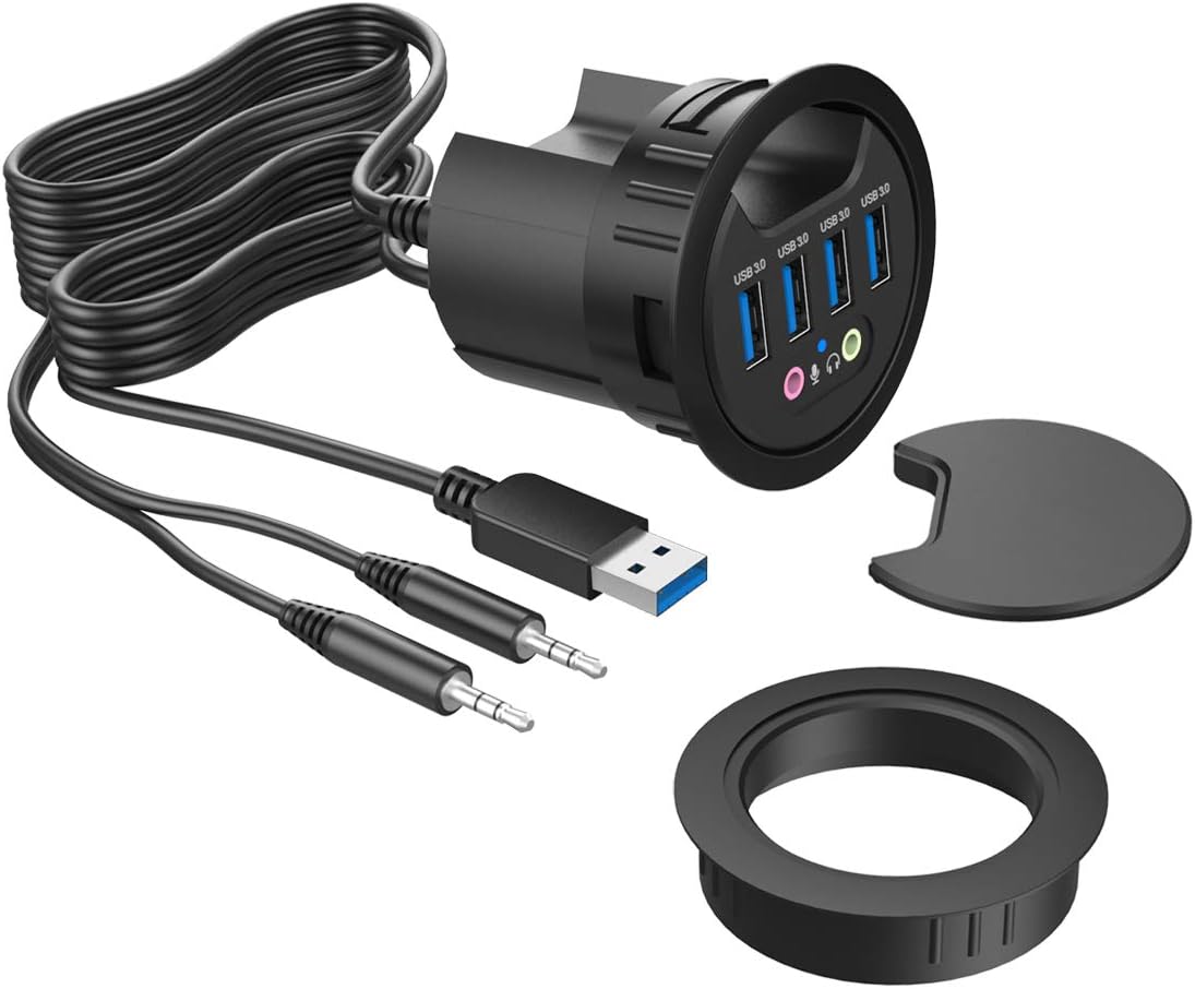 ineo Grommet Desk-Fit (Diameter 2.3" to 2.4") 4 Type A with 3.5mm Audio Mic Jack + 3.2" Expandable case (Power is not Included)[THC06-IV Plus]